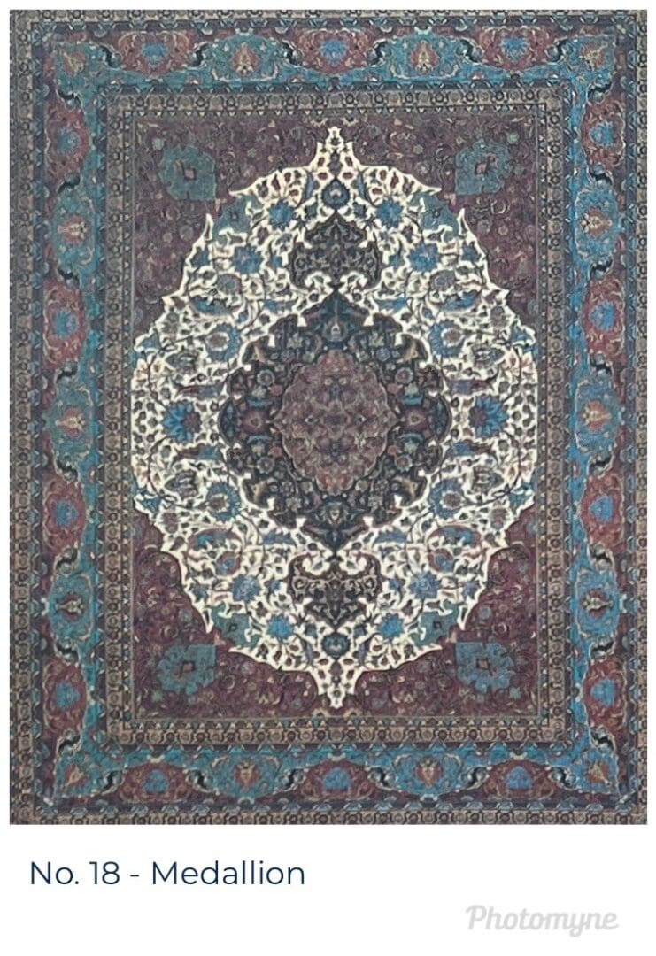 A large rug with an intricate design in shades of blue and brown.