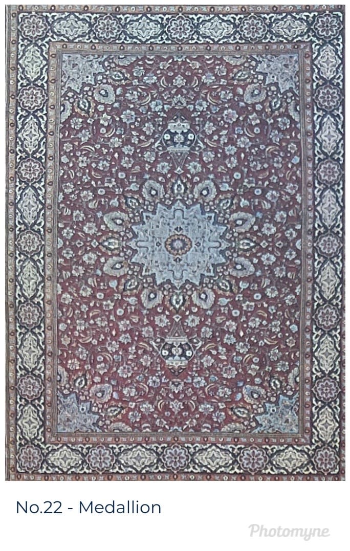 A large rug with a floral design in shades of blue and red.