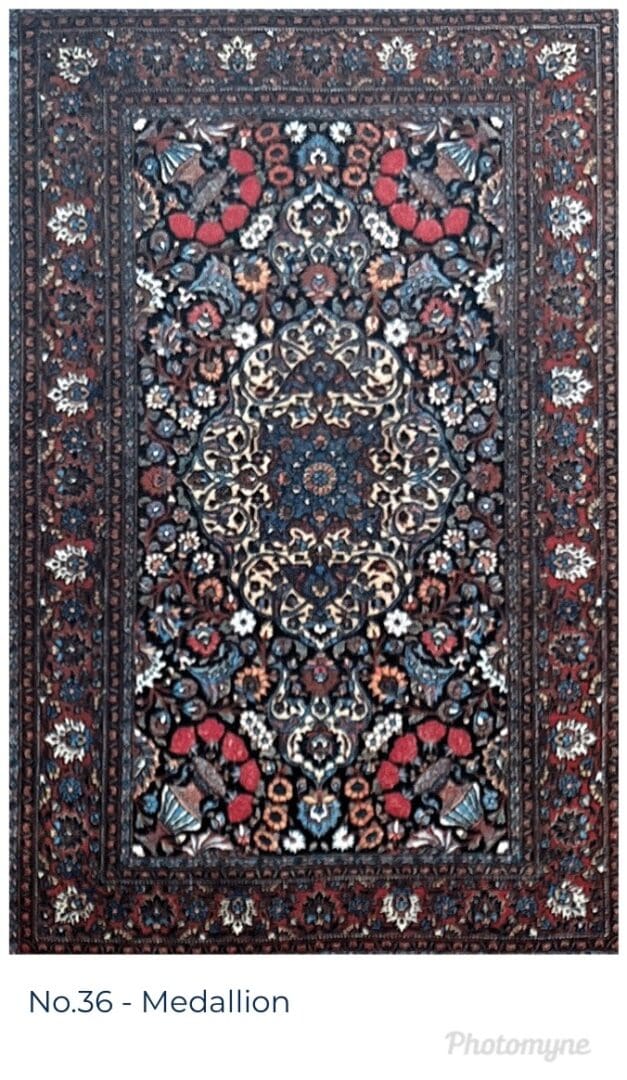 A rug with many different colors and designs