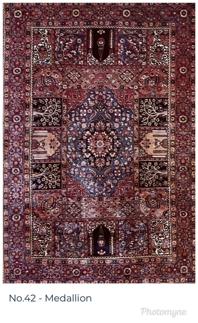 A large oriental rug with a floral design.