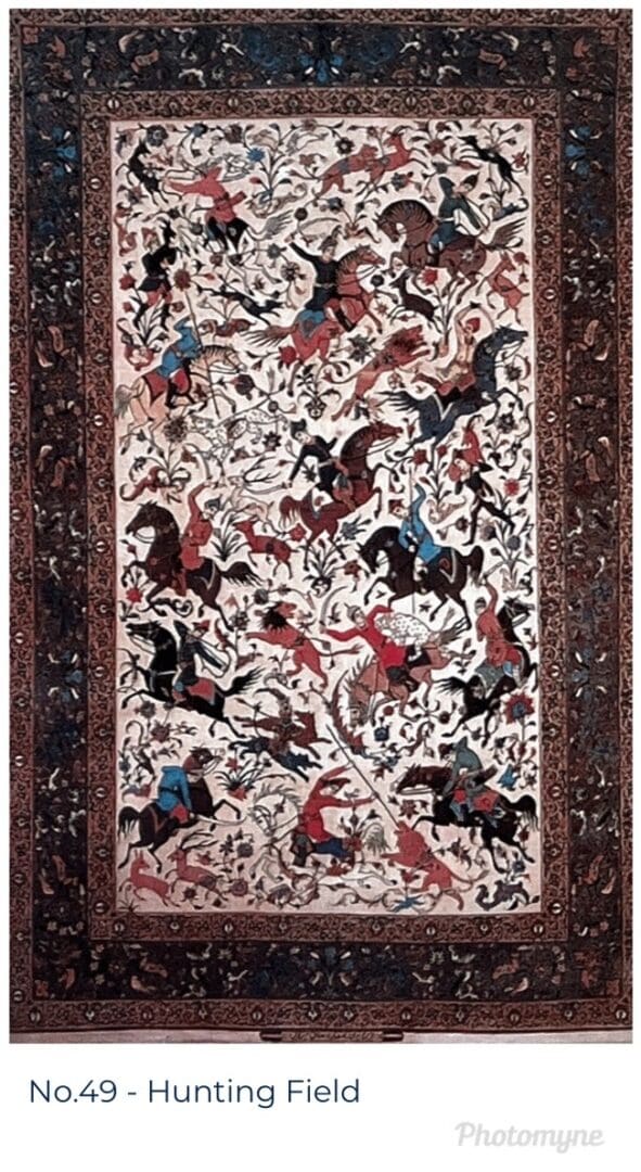 A rug with horses and birds on it