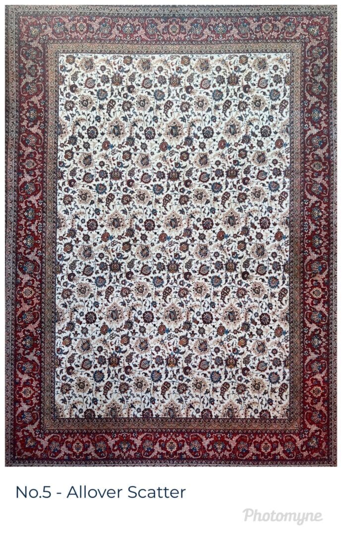 A rug with floral pattern and red border.