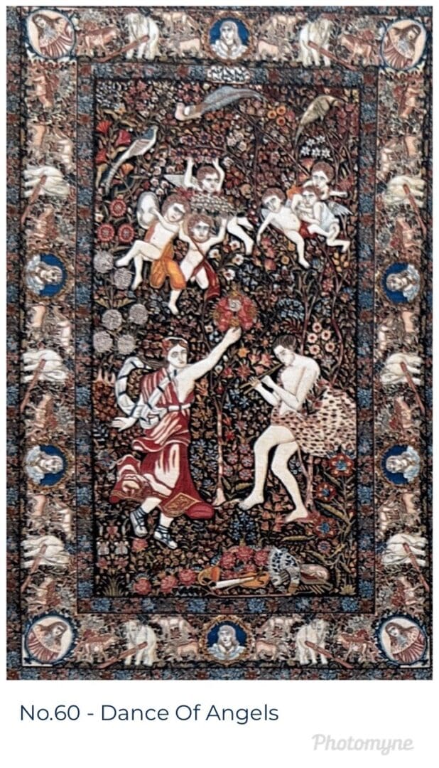A rug with several different types of people on it.