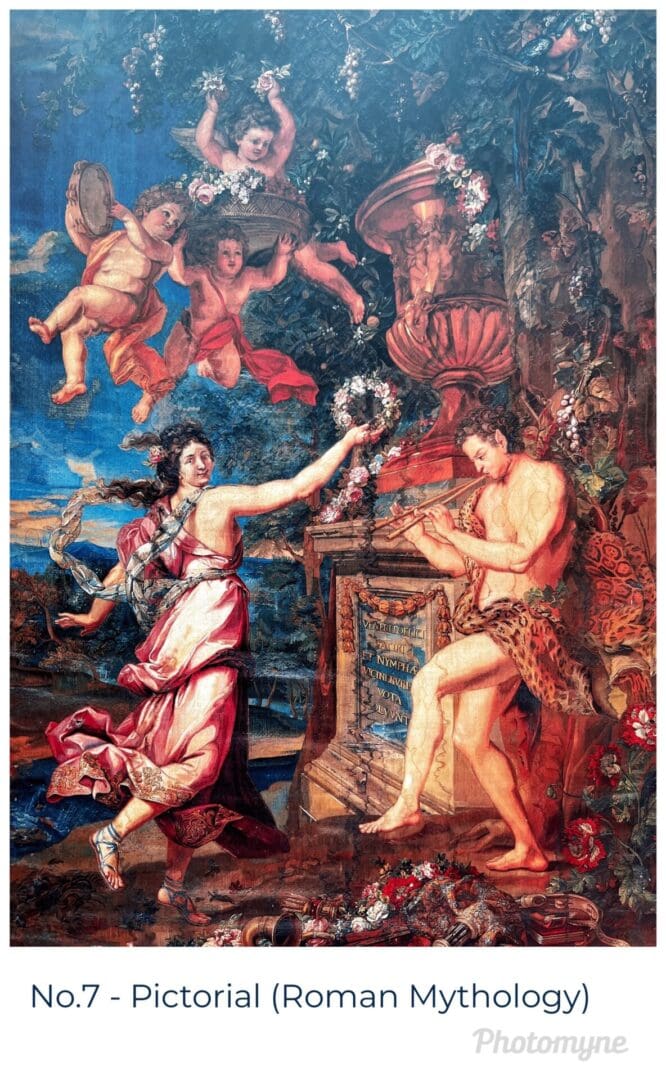 A painting of two people in the middle of a scene.