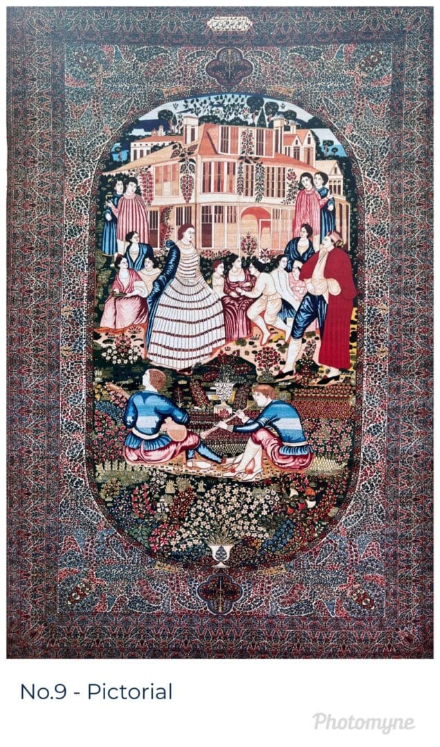 A painting of people in an oriental rug.