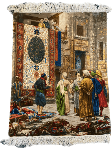 A painting of people standing around in front of rugs.