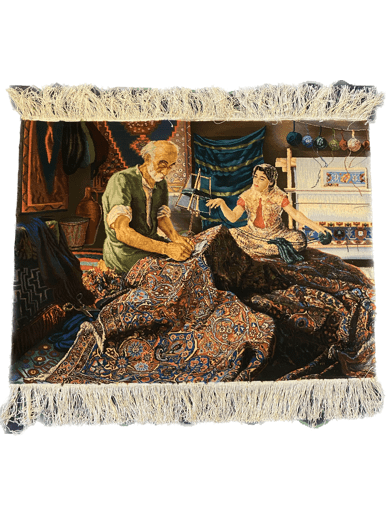 A painting of two people making rugs.